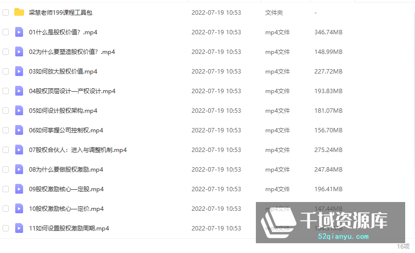 梁慧视频课：股权赢天下20年实操经验解决你99%实操难题，赠送199股权工具包[MP4//DOXC/PDF/2.72GB] - 时光很长，伴你一同成长。
